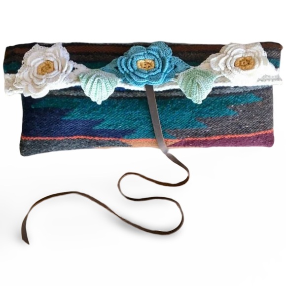 Aztec Woven Clutch Bag with Vintage Crocheted Flowers and Leather Wrap Strap